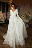 Simple Long Sleeve Satin V Neck Wedding Dress, V Beck Boho Beach Bride Gown