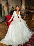Simple Long Sleeve Satin V Neck Wedding Dress, V Beck Boho Beach Bride Gown Rjerdress