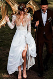 Simple Long Sleeve V Neck Chiffon Wedding Dresses, Lace V Back Beach Bride Dresses RJS15393 Rjerdress