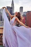 Simple New Fashion A line Deep V-Neck Slit Sleeveless Lavender Chiffon Prom Dresses RJS826