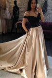 Simple Off The Shoulder Long Black And Champagne Prom Dresses