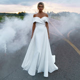 Simple Off the Shoulder Satin Sheath Ruched Wedding Dress With Detachable Overskirt Rjerdress