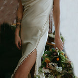 Simple One Shoulder Cowl Neck Sheath Crepe Fitted Satin Buttons Slit Wedding Dresses Rjerdress