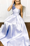 Simple One Shoulder Satin Floor Length Prom Dress With Flowers, Cheap Long Evening Dress Rjerdress