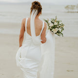 Simple Open Back V-Neck Long White Wedding Dresses Bride Dresses Rjerdress