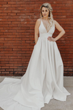 Simple Pleated Deep V White Wedding Dress With Train