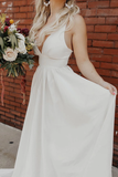 Simple Pleated Deep V White Wedding Dress With Train Rjerdress