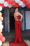 Simple Red Mermaid High Neck Prom Dresses Chiffon Open Back Evening Dresses RJS542