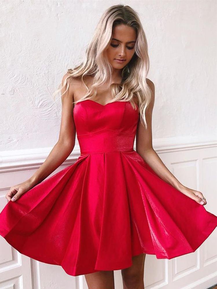 Simple Red Satin Sweetheart Strapless Homecoming Dresses Above Knee Sh –  Rjerdress