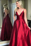 Simple Red V-Neck Spaghetti Straps A-line Long Backless Satin Prom Dresses RJS462