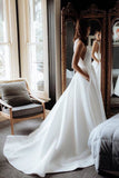 Simple Round Neck Satin Ivory Wedding Dresses with Pockets, Long Wedding Gowns RJS15398