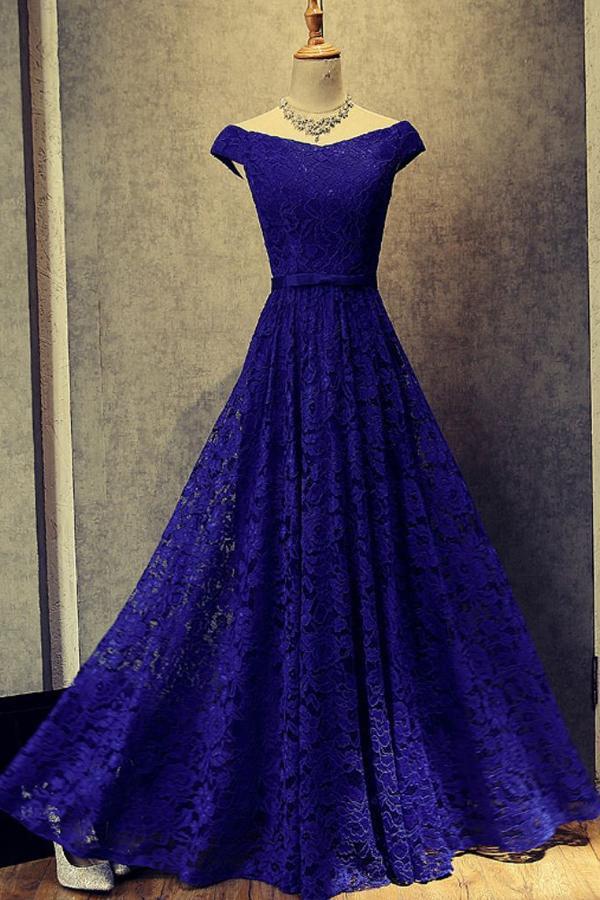 Simple Royal Blue A-Line Lace Off-the-Shoulder Lace up Hollow Prom Dresses UK rjs453 Rjerdress
