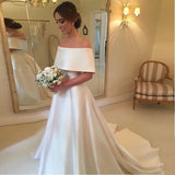 Simple Satin A-line Off the Shoulder Ivory Cheap Bridal Gown Wedding Dresses