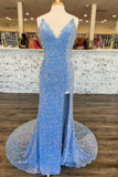 Simple Sequin Sweetheart Blue Mermaid Prom Dress with Slit Sweep Train RJS596