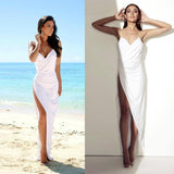 Simple Sexy Open Back Beach Side Slit Spaghetti Straps Summer White Wedding Dresses Rjerdress
