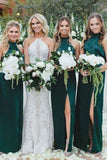 Simple Sheath High Neck Dark Green Bridesmaid Dress with Split Long
