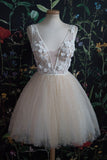 Simple Short Tulle White Homecoming Dress with Appliques V Neck Short Graduation Dress RJS735