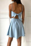 Simple Spaghetti Straps Light Blue Satin Homecoming Dresses Cute Short Cocktail Dresses Rjerdress