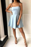 Simple Spaghetti Straps Light Blue Satin Homecoming Dresses Cute Short Cocktail Dresses