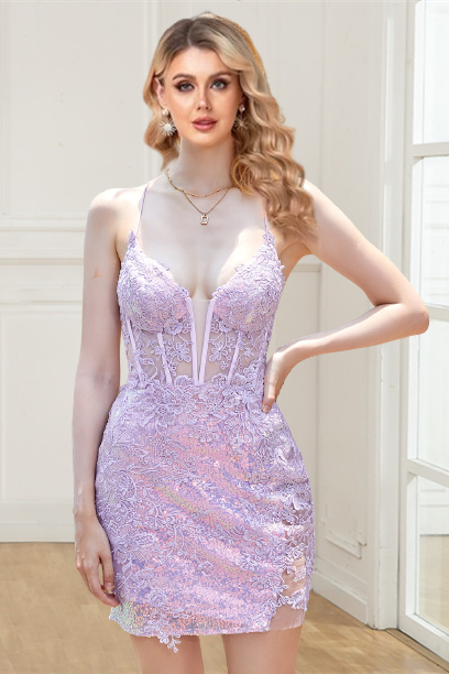 Simple Spaghetti Straps Short Homecoming Dress With Applique, Sequin Graduation Dress Rjerdress