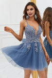 Simple Spaghetti Straps Tulle Vintage Homecoming Dress with Lace Appliques RJS860