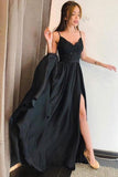 Simple Spaghetti Straps V Neck Lace Black Prom Dresses Side Slit Evening Dresses RJS737