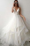 Simple Spaghetti Straps V Neck Wedding Dress Tulle Ruffles Backless Bridal Gowns Rjerdress