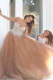 Simple Sweetheart Long Tulle Prom Dresses Beading Evening Dresses RJS489
