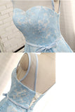 Simple Tea Length Light Blue Lace Homecoming Dress with Belt Short Cocktail Dress H1042 Rjerdress