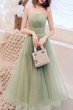 Simple Tulle Spaghetti Strap Sleeveless Pleated Prom Dresses, A Line Cocktail Dress Rjerdress