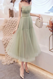 Simple Tulle Spaghetti Strap Sleeveless Pleated Prom Dresses, A Line Cocktail Dress Rjerdress
