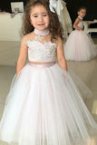 Simple Two Piece Ball Gown Halter Blush Pink Flower Girl Dresses with Appliques Rjerdress