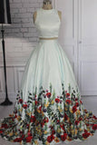 Simple Two Piece Ivory Floral Print High Neck Sleeveless Prom Dresses Evening Dresses P1012