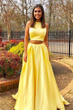 Simple Two Piece Yellow Long Satin Sleeveless High Neck Prom Dresses UK with Pockets RJS288 Rjerdress