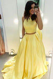 Simple Two Pieces A-Line Satin Long Yellow Cheap Prom Dresses With Pockets