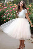 Simple Two Pieces Round Neck Ivory Short Cocktail Dress with Lace Homecoming Dresses Rjerdress