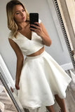 Simple Two Pieces V Neck Ivory Short Cocktail Dresses Knee Length Homecoming Dress H1150 Rjerdress