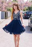 Simple V Neck Chiffon Navy Blue Homecoming Dresses with Appliques Cocktail Dresses