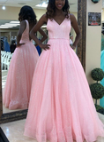 Simple V Neck Long A-line Pink Sequins Open Back Simple Tulle Prom Dresses