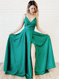 Simple V Neck Sleeveless Floor Length Hunter Evening Dress with Pleats Prom Dresses RJS712 Rjerdress