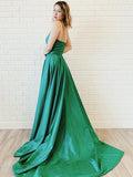 Simple V Neck Sleeveless Floor Length Hunter Evening Dress with Pleats Prom Dresses RJS712