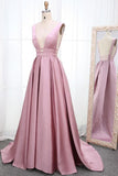 Simple V Neck Sleeveless Long Prom Dress, A Line Ruched Long Evening Dresses Rjerdress