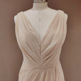 Simple V Neck Sleeveless Sheath Cheap Pleated Long Bridesmaid Dresses With Slit Rjerdress