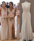 Simple V Neck Sleeveless Sheath Cheap Pleated Long Bridesmaid Dresses With Slit Rjerdress