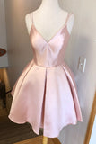 Simple V Neck Straps Short Pink Homecoming Dress Backless Satin Cocktail Dresses H1210