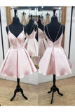 Simple V Neck Straps Short Pink Homecoming Dress Backless Satin Cocktail Dresses H1210 Rjerdress