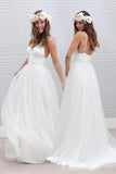 Simple V-neck Floor-Length Wedding Dress With Ruched Sash Rjerdress