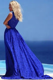 Simple blue lace round neck long prom dress summer dress Rjerdress