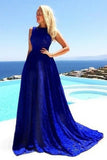Simple blue lace round neck long prom dress summer dress Rjerdress