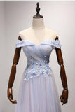Sky Blue A-Line Off-the-Shoulder Floor-Length Tulle Prom Dresses with Appliques Lace RJS955 Rjerdress